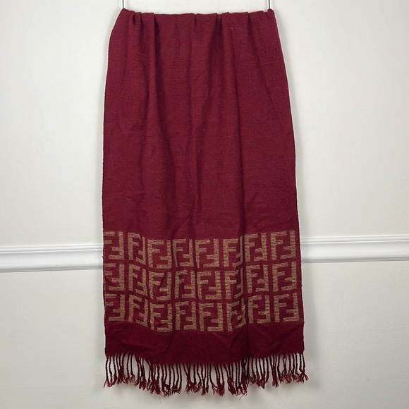 Vintage FENDI Dark Red Wool Fringe Scarf 23x67” - Picture 1 of 6